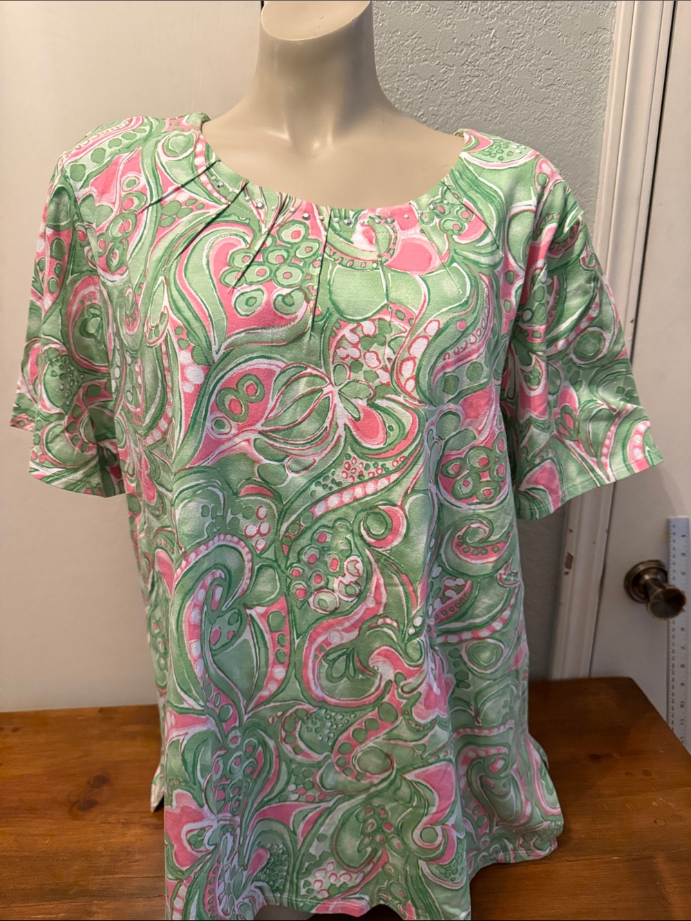 Alfred Dunner Green & Pink Paisley Short Sleeve Blouse